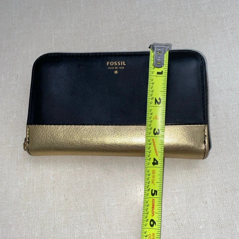 FOSSIL Gold‎ Black Leather Organizer Zip Wallet